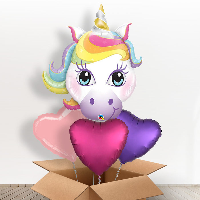 Large Unicorn Head Helium Balloon in a Box - With 3 Plain Balloons | Party Save Smile