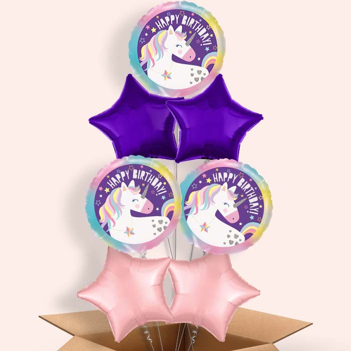 Unicorn Happy Birthday Helium Balloons in a Box - 7 Balloon | Party Save Smile