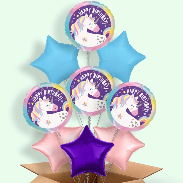 Unicorn Happy Birthday Helium Balloons in a Box - 9 Balloon | Party Save Smile