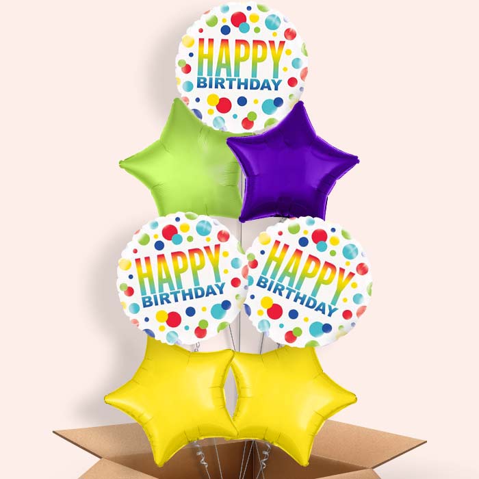 Happy Birthday Rainbow Polka Dot Helium Balloons in a Box - 7 Balloon | Party Save Smile