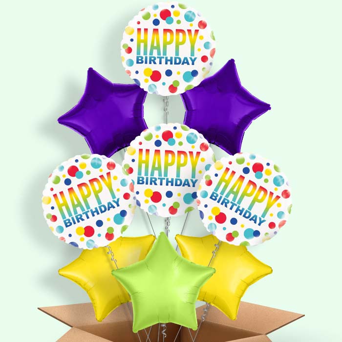Happy Birthday Rainbow Polka Dot Helium Balloons in a Box - 9 Balloon | Party Save Smile