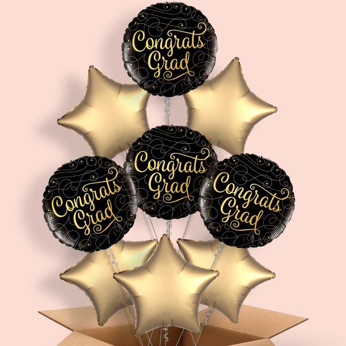 Black and Gold Graduation Helium Balloons Delivered - 9 Balloon | Party Save Smile