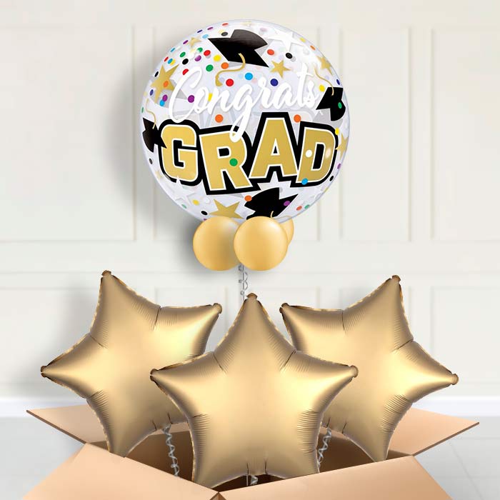 Gold Graduation Bubble Balloon in a Box - Bubble Balloon with 3 Balloons | Party Save Smile