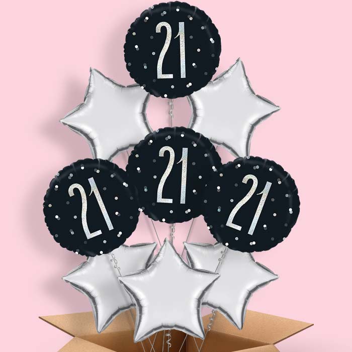 Helium Balloons 21st in a Box - Black Silver - 9 Balloon | Party Save Smile