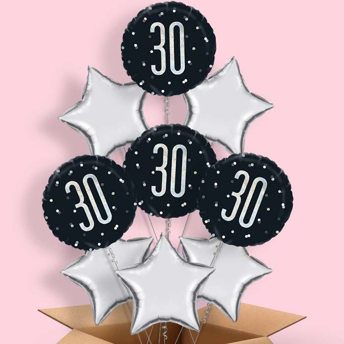 Black Silver 30th Helium Balloon Delivery in a Box - 9 Balloon | Party Save Smile