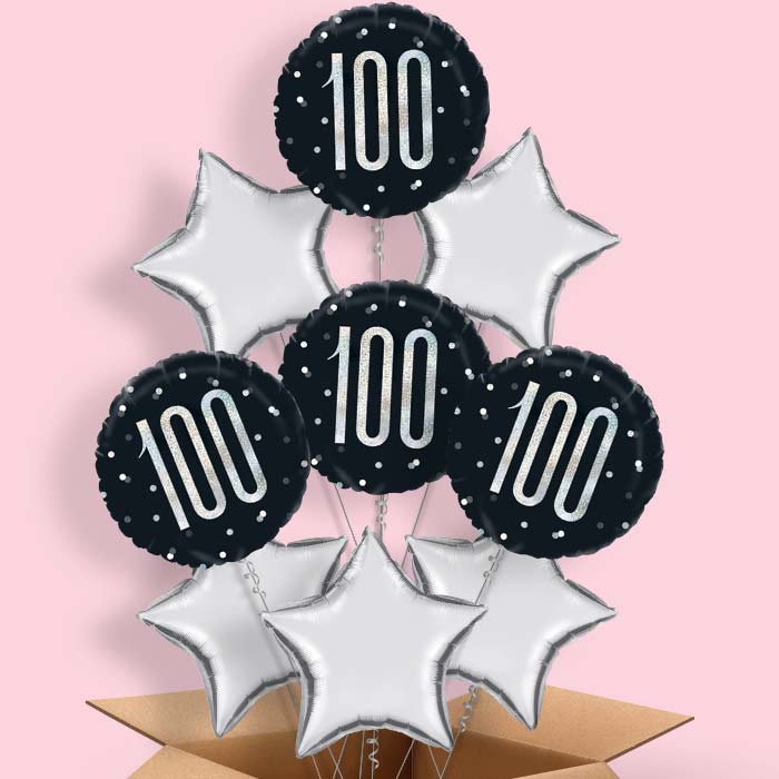 Black & Silver 100th Birthday Helium Balloon in a Box - 9 Balloon | Party Save Smile