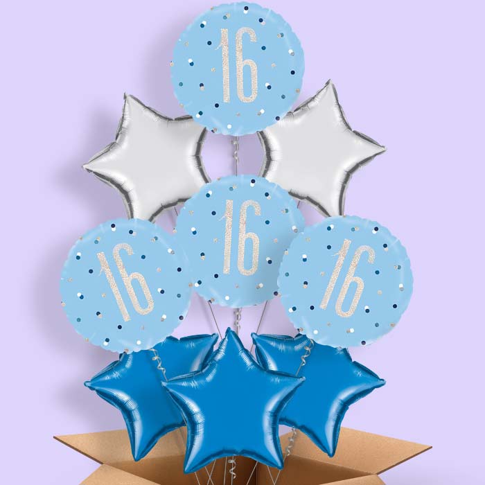 Blue and Silver Holographic 16th Birthday Balloon in a Box - 9 Balloon | Party Save Smile