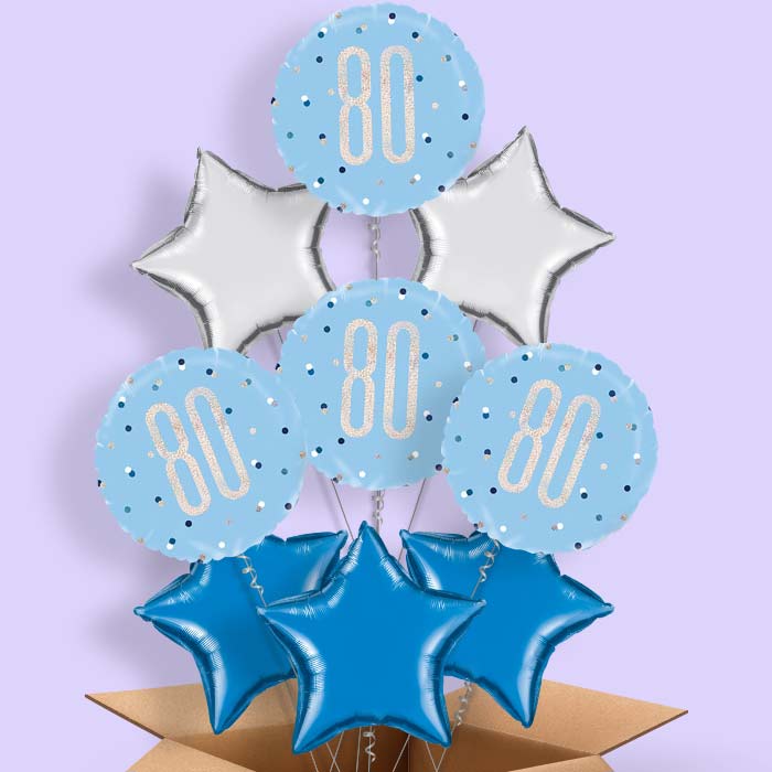 Blue and Silver Holographic 80th Birthday Balloon in a Box - 9 Balloon | Party Save Smile