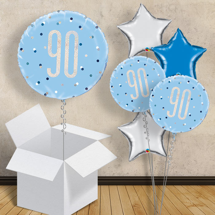 Blue and Silver Holographic 90th Birthday Balloon in a Box - 1 Balloon | Party Save Smile