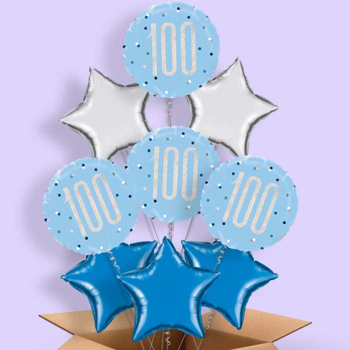 Blue and Silver Holographic 100th Birthday Balloon in a Box - 9 Balloon | Party Save Smile
