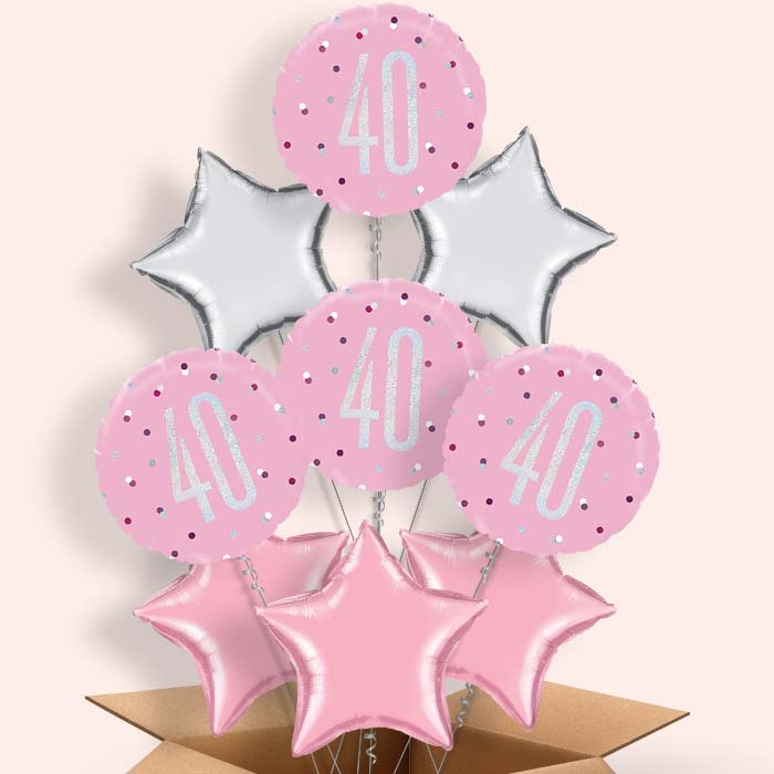 Pink and Silver 40th Birthday Helium Balloons in a Box - 9 Balloon | Party Save Smile