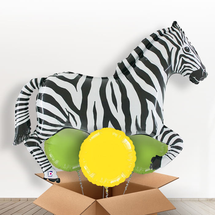 Zebra Shaped Helium Balloon in a Box Gift - With 3 Plain Balloons | Party Save Smile