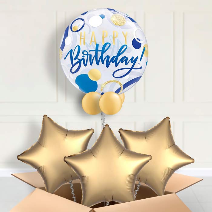 Happy Birthday Blue and Gold Bubble Balloon in a Box - Bubble Balloon with 3 Balloons | Party Save Smile