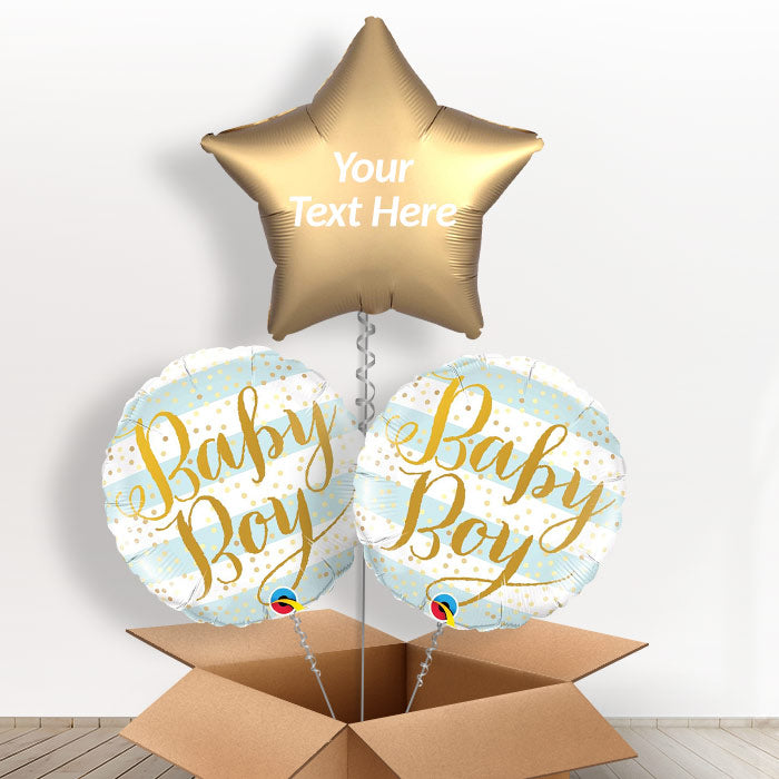 Blue and Gold Personalised New Baby Boy Helium Balloons - Balloon Trio | Party Save Smile