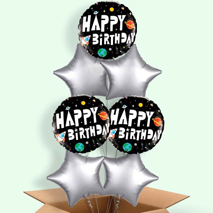Space Happy Birthday Helium Balloons in a Box - 7 Balloon | Party Save Smile