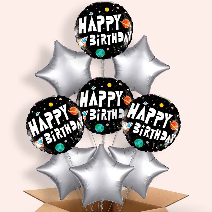Space Happy Birthday Helium Balloons in a Box - 9 Balloon | Party Save Smile