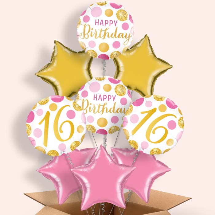 Pink & Gold 16 Birthday Helium Balloon in a Box - 9 Balloon | Party Save Smile