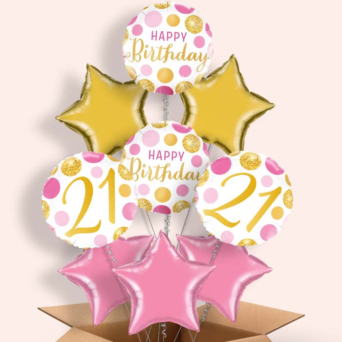 Pink and Gold Dots 21st Birthday Helium Balloon in a Box - 9 Balloon | Party Save Smile