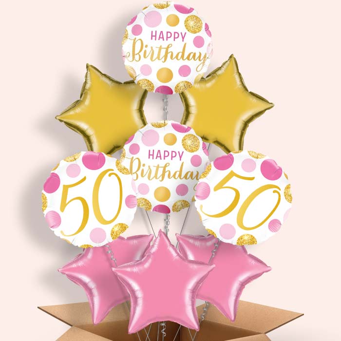 Pink and Gold Dots 50th Birthday Helium Balloon in a Box - 9 Balloon | Party Save Smile