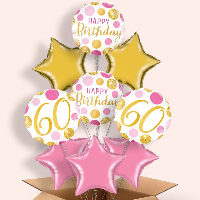 Pink and Gold Dots 60th Birthday Helium Balloon in a Box - 9 Balloon | Party Save Smile