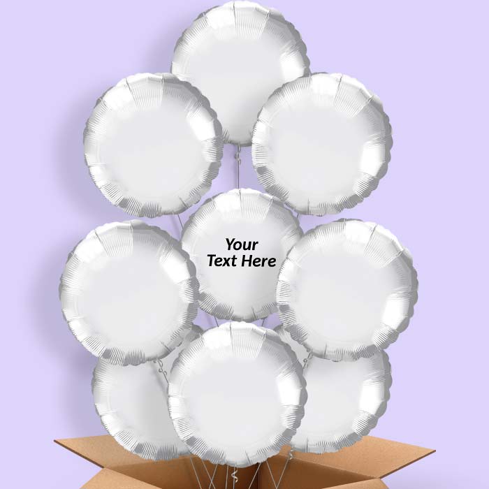 Chrome Silver Circle Personalised Helium Balloons in a Box - 9 Balloon | Party Save Smile