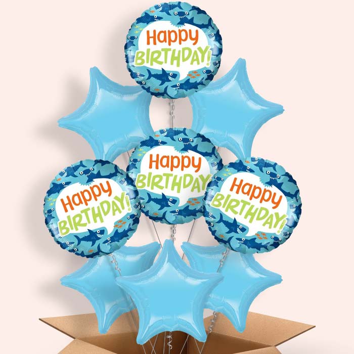 Shark Birthday Helium Balloons in a Box - 9 Balloon | Party Save Smile