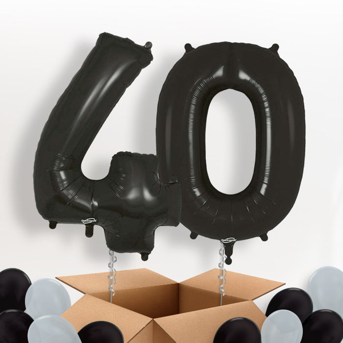 Black 40 Balloons in a Box: 40th Birthday Number Balloons - Package | Party Save Smile