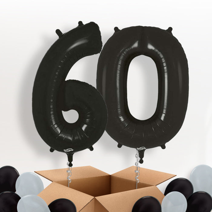 Black 60 Balloons in a Box: 60th Number Helium Balloons - Package | Party Save Smile