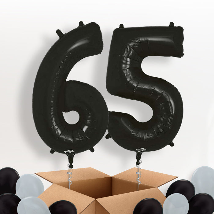 Black 65 Balloons in a Box: 65th Number Helium Balloons - Package | Party Save Smile