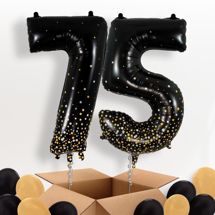 Black and Gold 75 Helium Balloons in a Box - Package | Party Save Smile