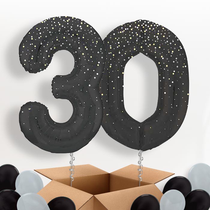 Black and Silver Dots 30 Helium Balloons in a Box - Package | Party Save Smile