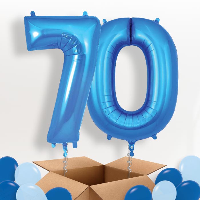 Blue 70 Balloons in a Box: 70th Number Helium Balloons - Package | Party Save Smile