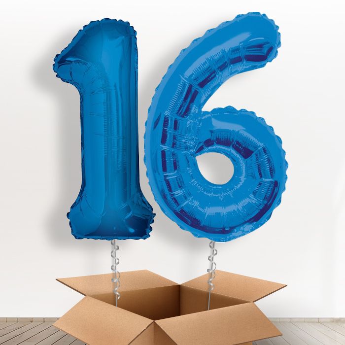 Blue 16th Birthday Helium Balloon Numbers in a Box - Package | Party Save Smile