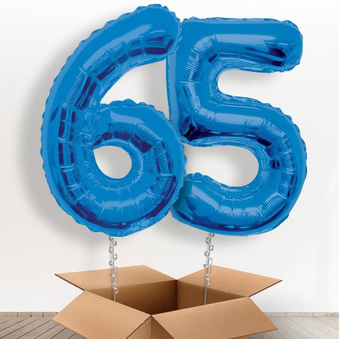 Blue 65th Birthday Helium Balloons Delivered in a Box - Package | Party Save Smile