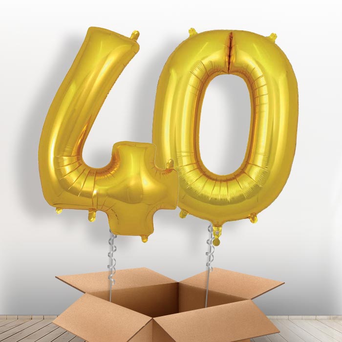 Gold 40 Balloons in a Box: 40th Number Helium Balloons - Giant Numbers | Party Save Smile