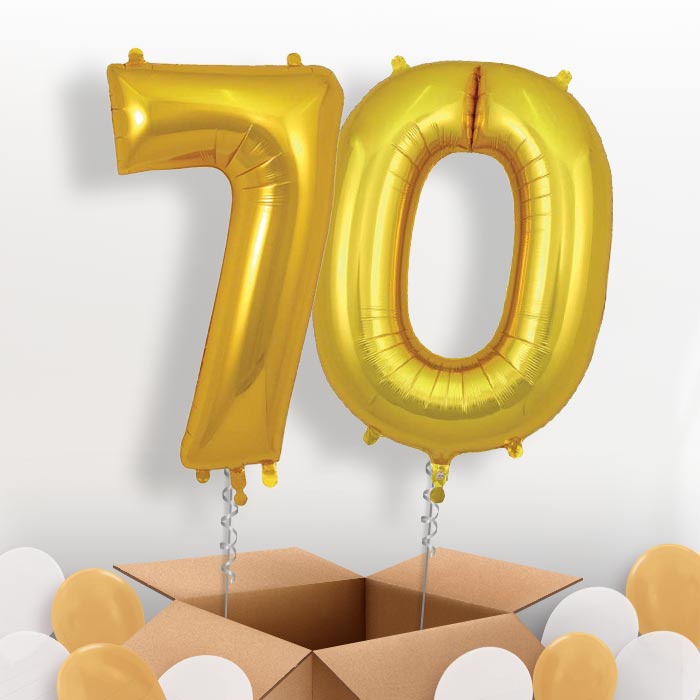 Gold 70 Balloons in a Box: 70th Number Helium Balloons - Package | Party Save Smile
