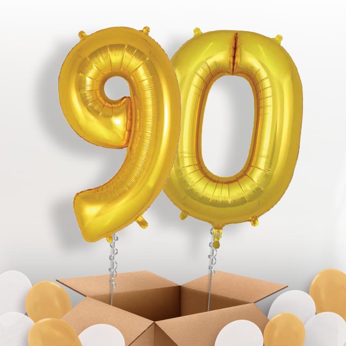 Gold 90 Balloons in a Box: 90th Number Helium Balloons - Package | Party Save Smile
