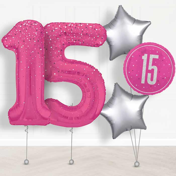 Hot Pink Dots 15th Birthday Helium Balloon in a Box - Giant Numbers and 3 Balloons | Party Save Smile