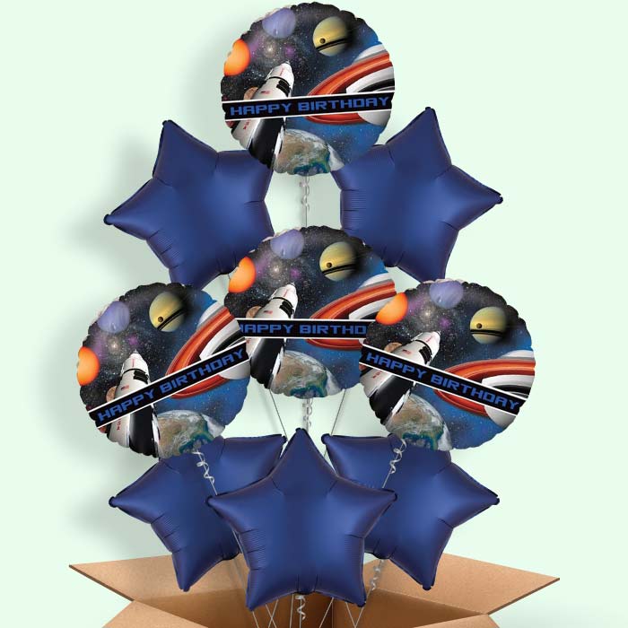 Space Themed Birthday Helium Balloons in a Box - 9 Balloon | Party Save Smile