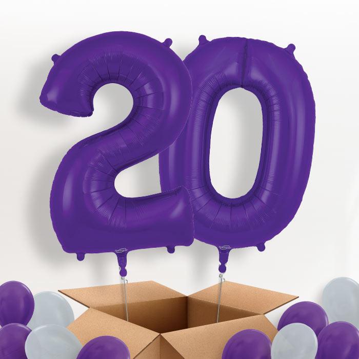 Purple 20 Balloons in a Box: 20th Birthday Number Balloons - Package | Party Save Smile