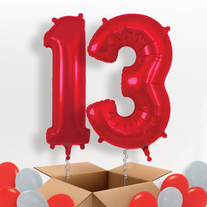 Red 13 Balloons in a Box: 13th Birthday Number Balloons - Package | Party Save Smile