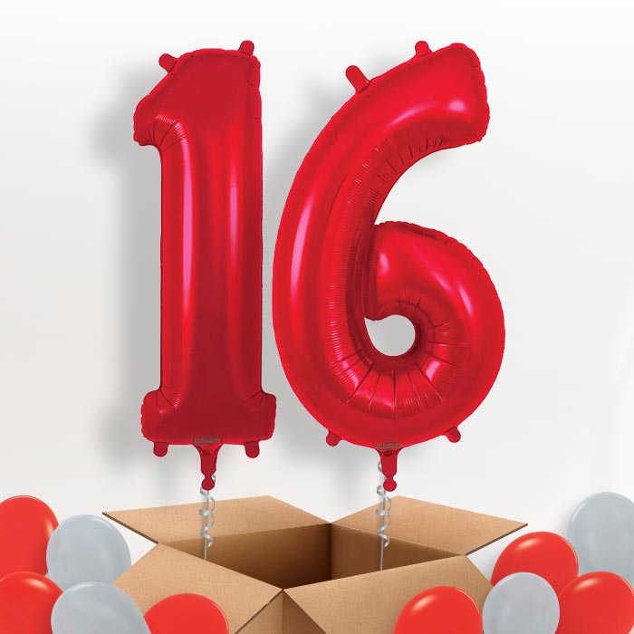 Red 16 Balloons in a Box: 16th Birthday Number Balloons - Package | Party Save Smile