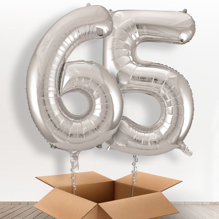 Silver Numbers 65th Birthday Number Helium Balloons in a Box - Package | Party Save Smile