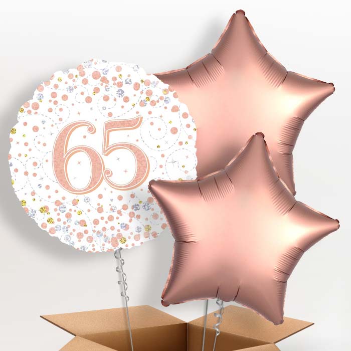 Rose Gold and White 65th Birthday Helium Balloon in a Box - 3 Balloon | Party Save Smile