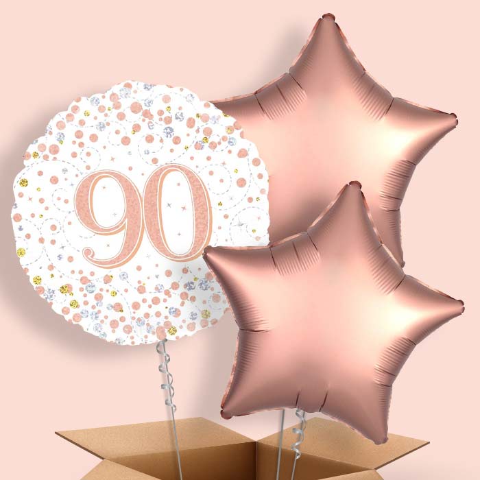 Rose Gold and White 90th Birthday Helium Balloon in a Box - 3 Balloon | Party Save Smile
