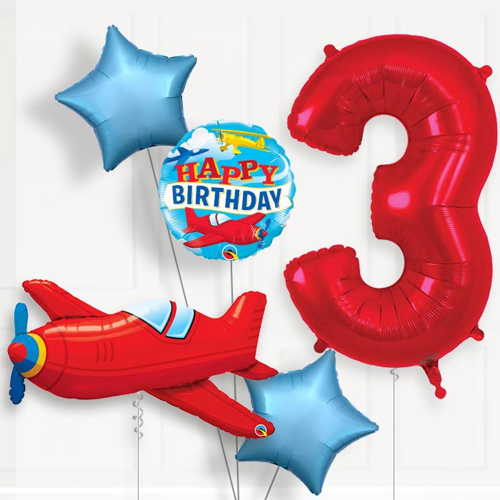 Red Airplane 3rd Birthday Helium Balloon Package - 3rd Birthday Balloon Package | Party Save Smile