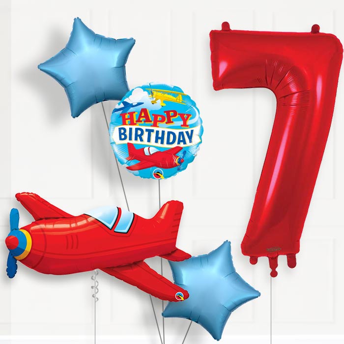 Red Airplane 7th Birthday Helium Balloon Package - 7th Birthday Balloon Package | Party Save Smile