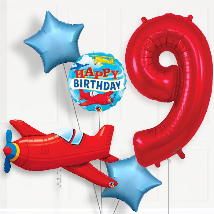 Red Airplane 9th Birthday Helium Balloon Package - 9th Birthday Balloon Package | Party Save Smile