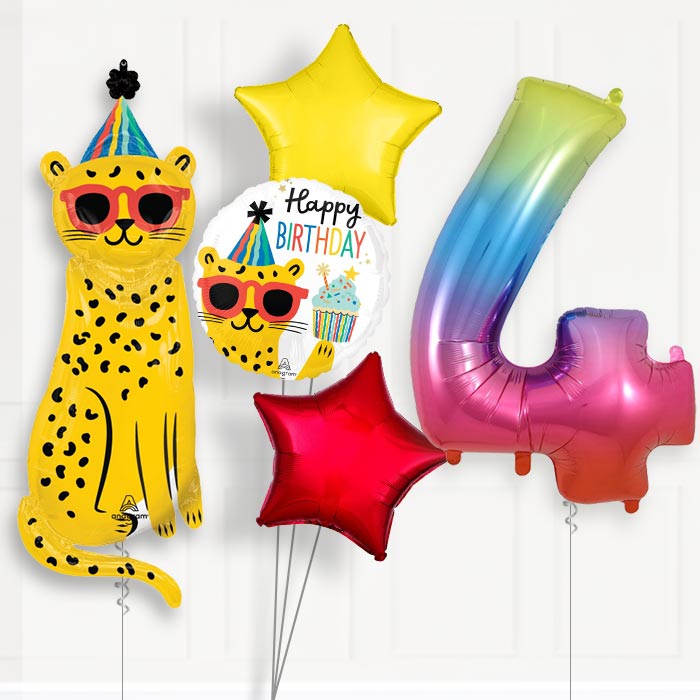 Cheetah 4th Birthday Helium Balloon Package - 4th Birthday Balloon Package | Party Save Smile