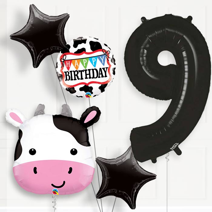 Cow 9th Birthday Helium Balloon Package - 9th Birthday Balloon Package | Party Save Smile